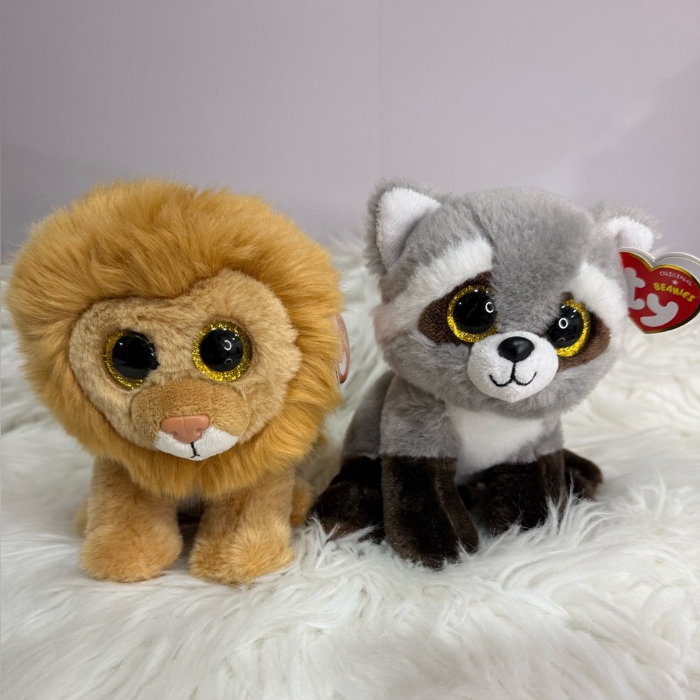 Ty Plush Lion and Raccoon Set - Tan and Gray